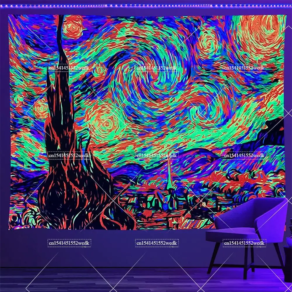 Blacklight Tapestry Starry Night Van Gogh Wall Art Decor Glow In The Dark Oil Painting Fluorescent Tapestry Uv Reactive Poster