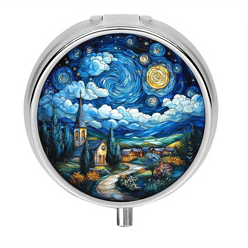 Single pack, pill box with 3 compartments, starry night theme daily medication storage decorative pill box, portable travel vitamin pill case, unique travel gift, best Christmas gift