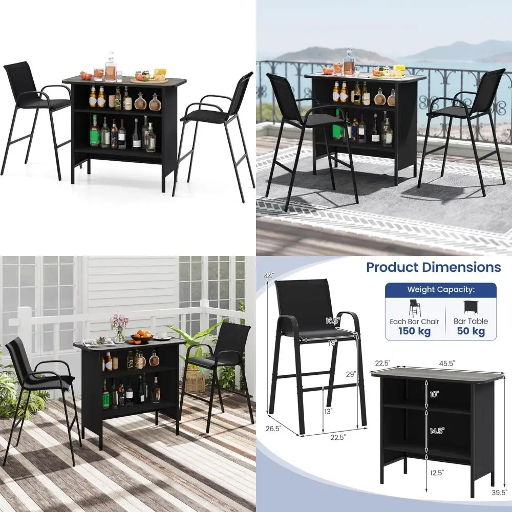 Set bar teras dengan meja tinggi bar dan kursi berlengan, bagian atas plastik kayu, rak 2 tingkat, logam tugas berat, furnitur makan luar ruangan