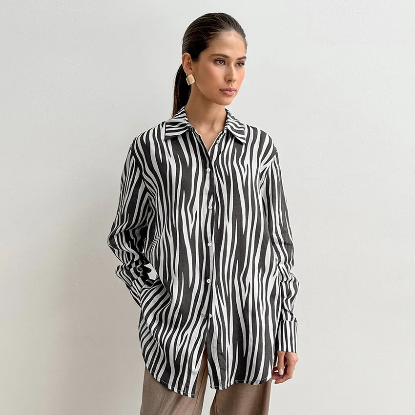 

French Temperament Zebra Pattern Shirt Medium And Long Spring Versatile Niche Loose Outer Lapel Top Women's Clothing
