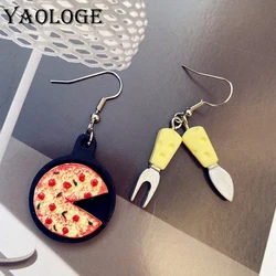 YAOLOGE Homemade Funny Food Play Earrings Simulated Pizza Cheese Block Knife and Fork Asymmetric Earrings Fun Acrylic Earrings