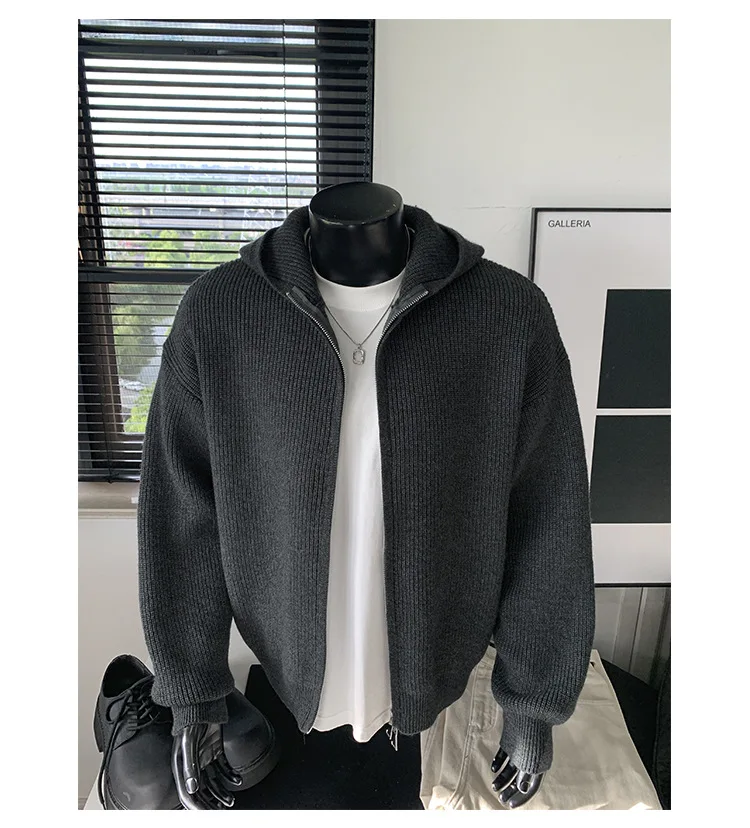 2026 New Autumn Winter Simple Solid Color Knitted Hoodie Men Japan Korean Fashion Casual Loose Double Zipper Hooded Jacket