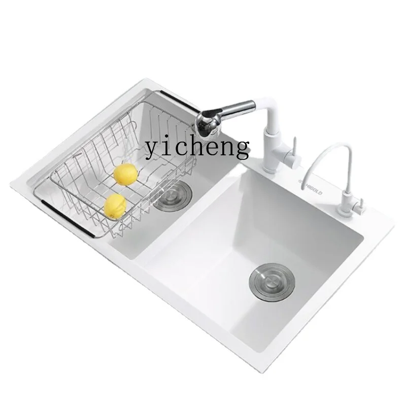 Zf Kitchen Quartz Stone Sink Vegetable Basin Double-Slot Black Sink Sink Basin Set