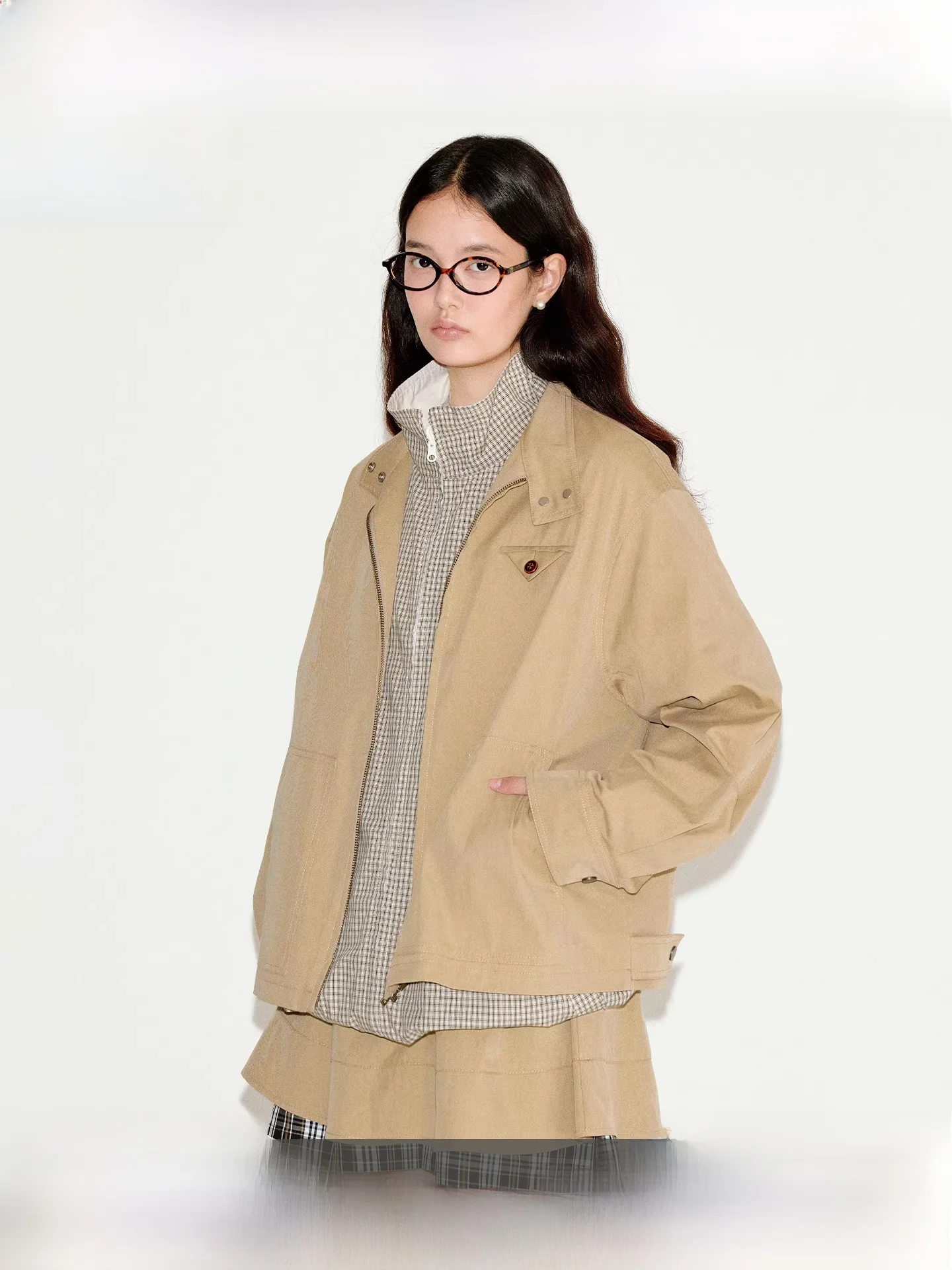 

Fano ort Stand Collar Loose Fit Patchwork e ket Workwear Sle Practical Coat Pure Color Commute Sle Zipper Clo...