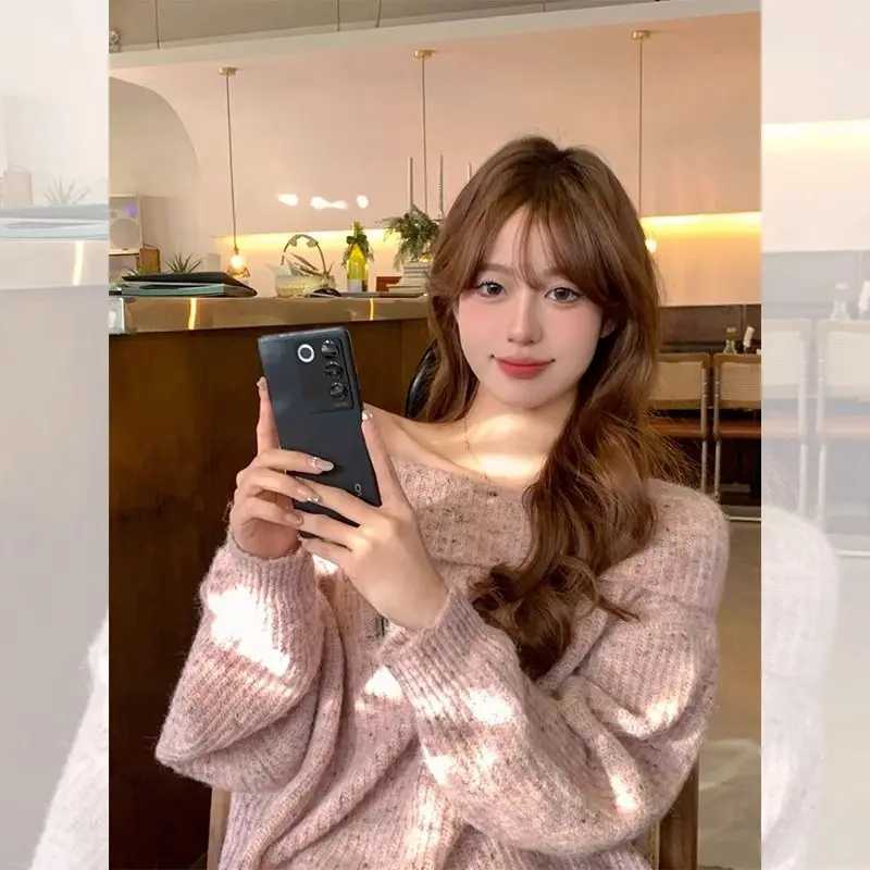 

Korean Version Stylish High-end Pink One Shoulder Women's Sweater Spring Autumn Gentle Lazy Style Casual Knitted Top for Women