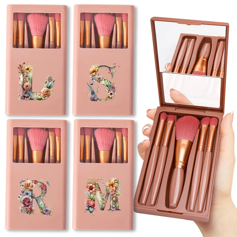 

5 Pcs Makeup Brushes Kit With Mirror Organizer Box Cosmetic Soft Brush Smudge Detail Multifunctional Brush Set Floral Letter