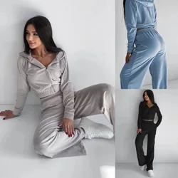 Casual Sport Tracksuit Women Hooded Two Pieces Set Sweatshirts Zipper Thick High Waist Pockets Pants Suit Outwear Autumn