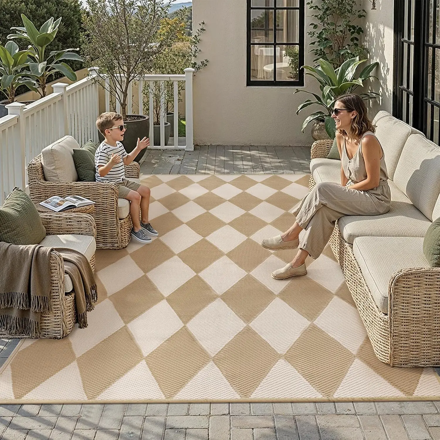 

Outdoor Plastic Checkered Rug Waterproof Patio 9x12 Beige Brown Diamond Geometry Mat for Porch Camping RV Balcony Deck Courty