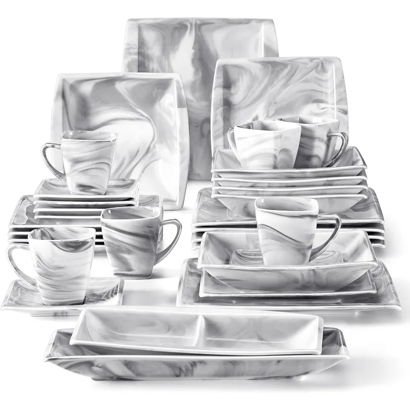 

Square Dinnerware Sets,30 Piece Porcelain Plates and Bowls Sets for 6, Marble Grey Dish Set with Dinner Plate Set, Dishes,