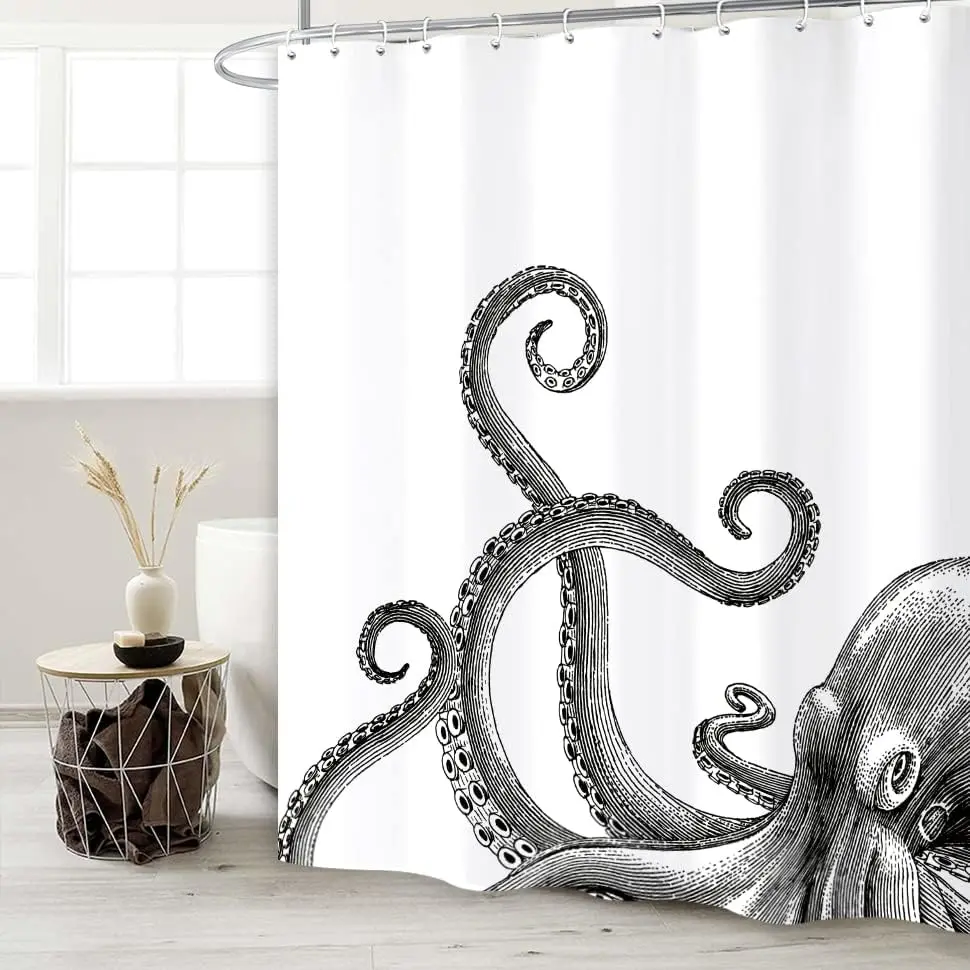 Waterproof Octopus Shower Curtain Nautical Bathroom Ocean Art Sketch Print Polyester Liner Decor for Shower Room