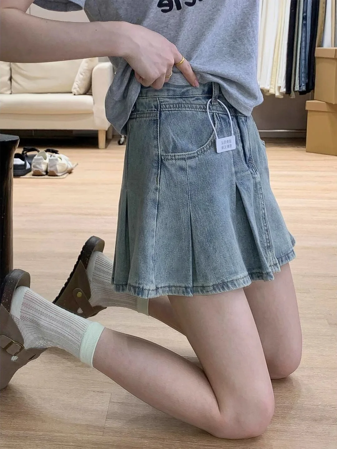 

Light Wa Pleated Denim Skirt Women's Summer New plus Size Conceal Belly Slim A-Line f Body Skirt Casual High Waist ...