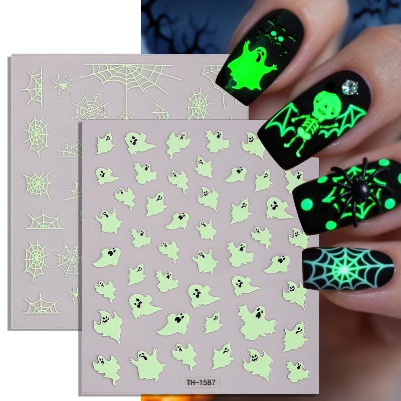 Adesivi per nail art 3D Halloween Decalcomanie per unghie fantasma ragnatela luminosa per accessori per la decorazione del manicure Y2K del festival