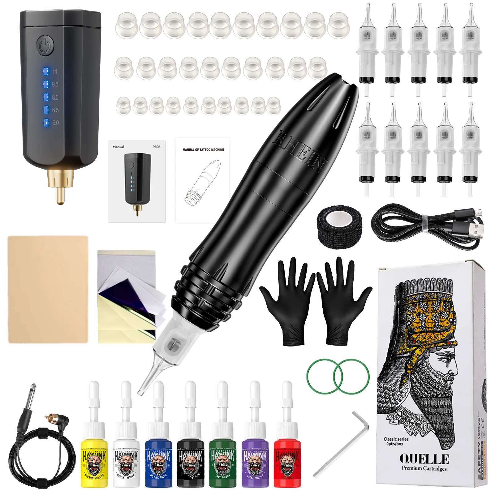 

Premium Tattoo Machine Kit Wireless Rotary Tattoo Machine Pen with 1600mAh Power Supply 10 Needles 7 Inks Tattoo Supplies