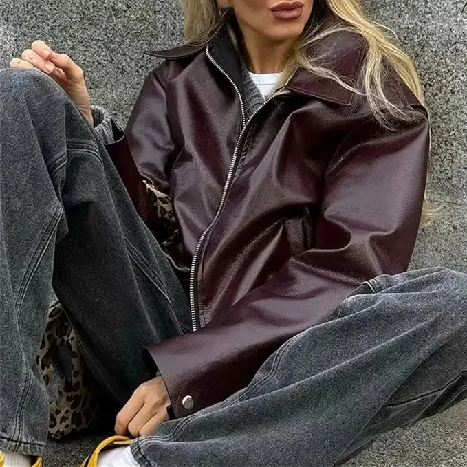 Neue Damen Lederjacke Streetwear kurze Mäntel fester Turn-Down-Kragen lange Ärmel Taschen Reiß verschluss weibliche schicke Jacke trägt