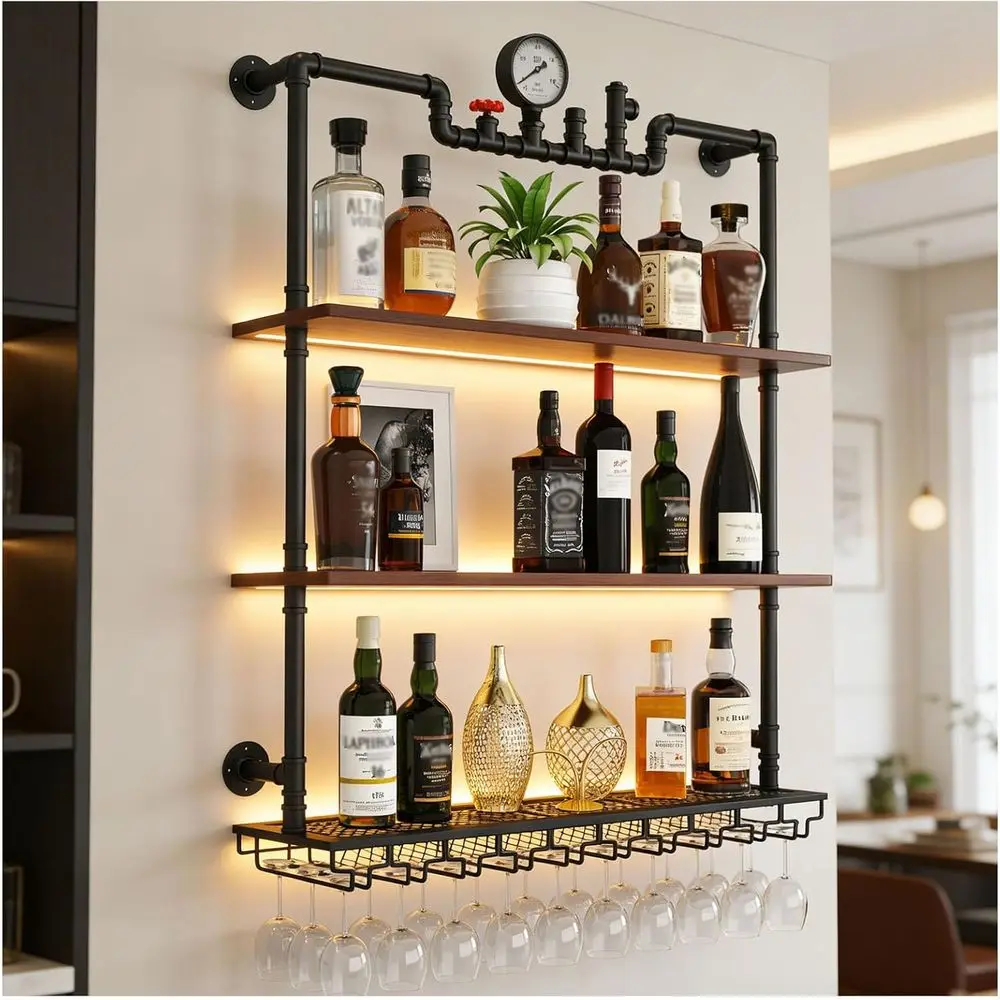 

Industrial Style 3-Tier Floating Wine Rack with LED Light, Liquor Display & Home Bar Decor