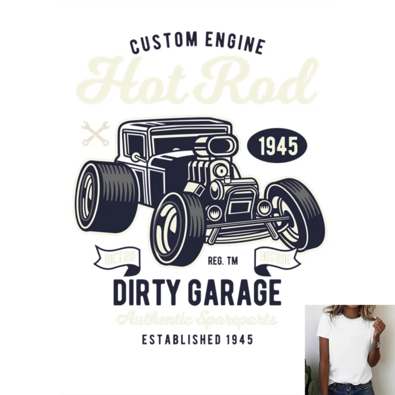 Retro Hot Rod Modified Car Pattern Heat - Transfer White Ink Iron - on Transfer, Suitable for T - shirts/Canvas Bags and Other