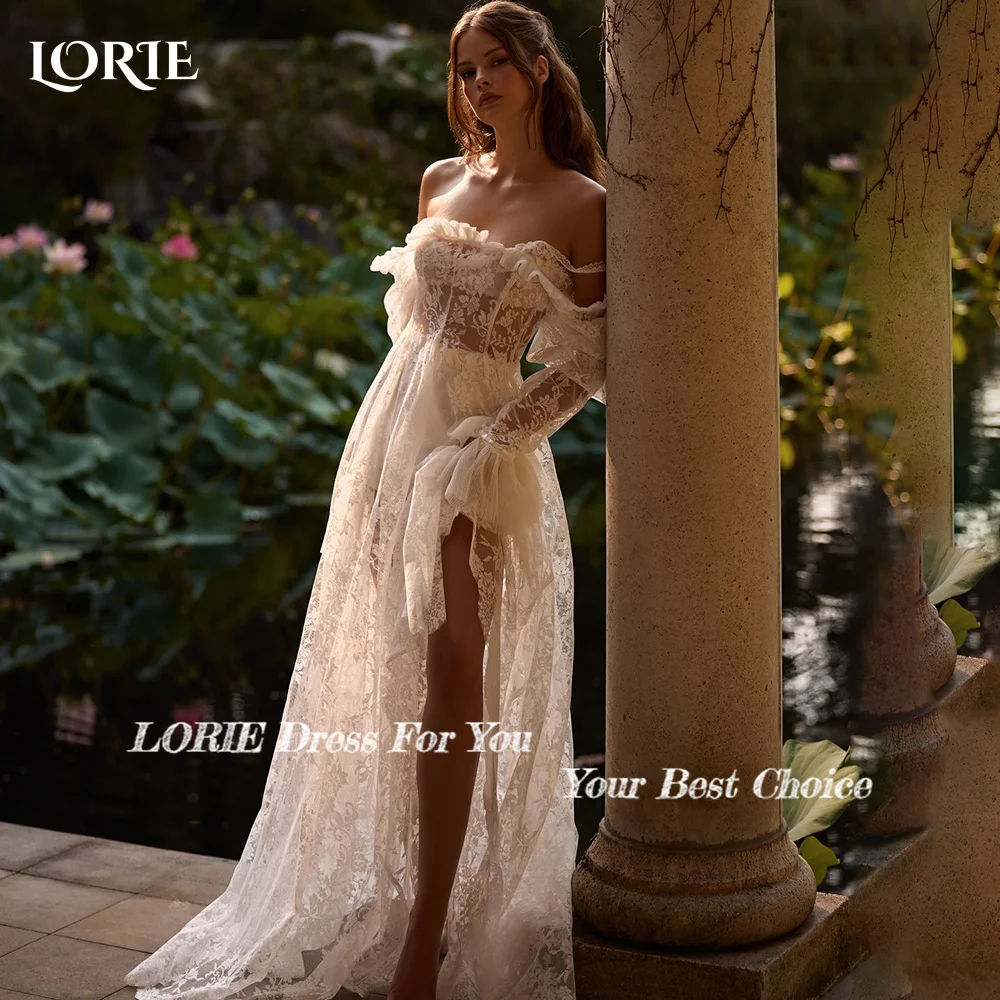 LORIE Elegant Lace Wedding Dresses Slit Appliques Off Shoulder 3D Flowers Luxury Bridal Gowns Slit Customed Bride Dresses