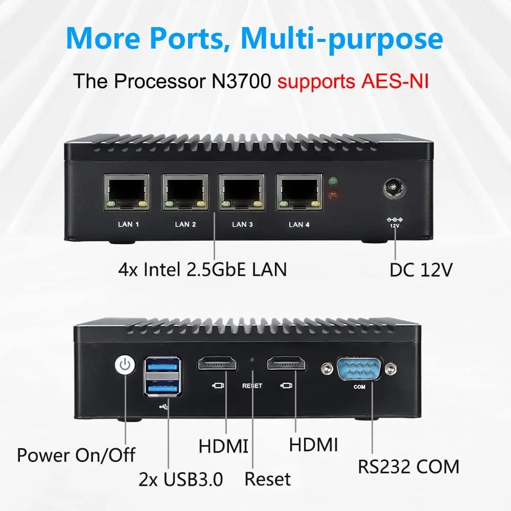 VNOPN Micro Firewall Appliance 2.5GbE Intel 4 Ports N3700 Quad Core Fanless Mini PC Network Router Box, Dual HDMI, RS232 COM