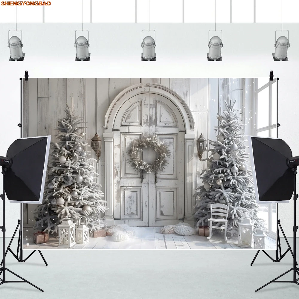 Weihnachten Fotografie Hintergrund Weihnachtsbaum weiß Vintage Wand Holz Tür Innen Baby Portrait Familie Party Foto Hintergrund Dekor