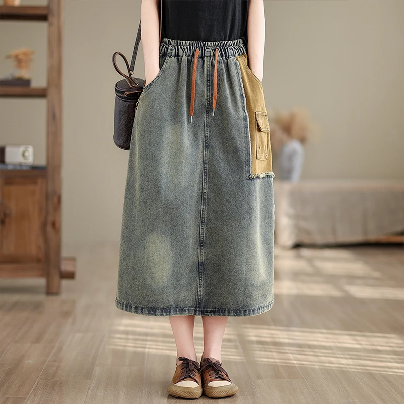 

Aricaca Women High Quality Casual Denim Dress with Big Pockets Women M-2XL Elastic Waist Denim Skirt