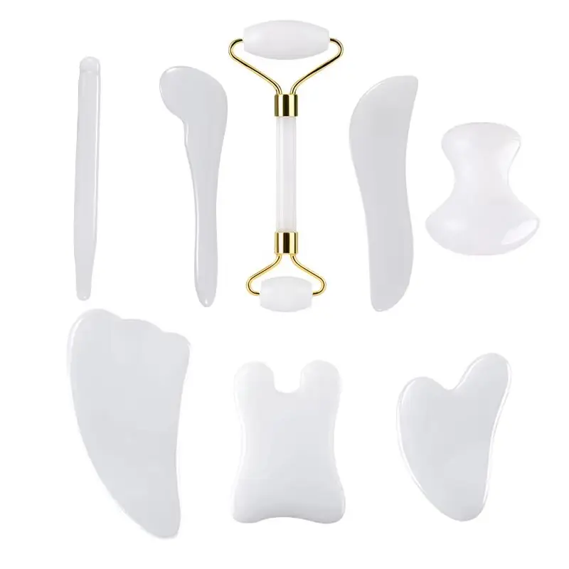

White Jade Roller Gouache Scraper Massager Set For Face Roller Gua Sha Scraper Natural Stone Spa Acupuncture Acupoint Pressing