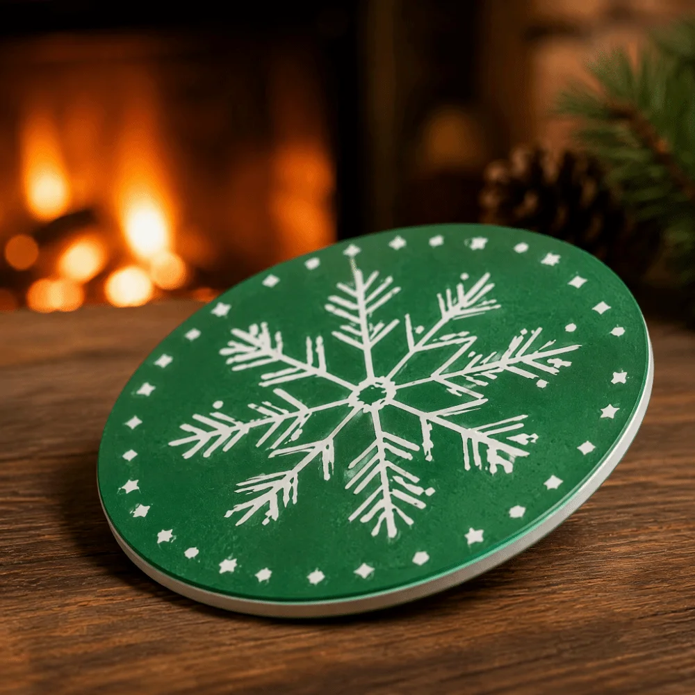 6PCS Round Christmas Wooden Coasters Printed Pattern Unique Drink Cup Mats Santa Claus Snowflake Pattern Lightweight