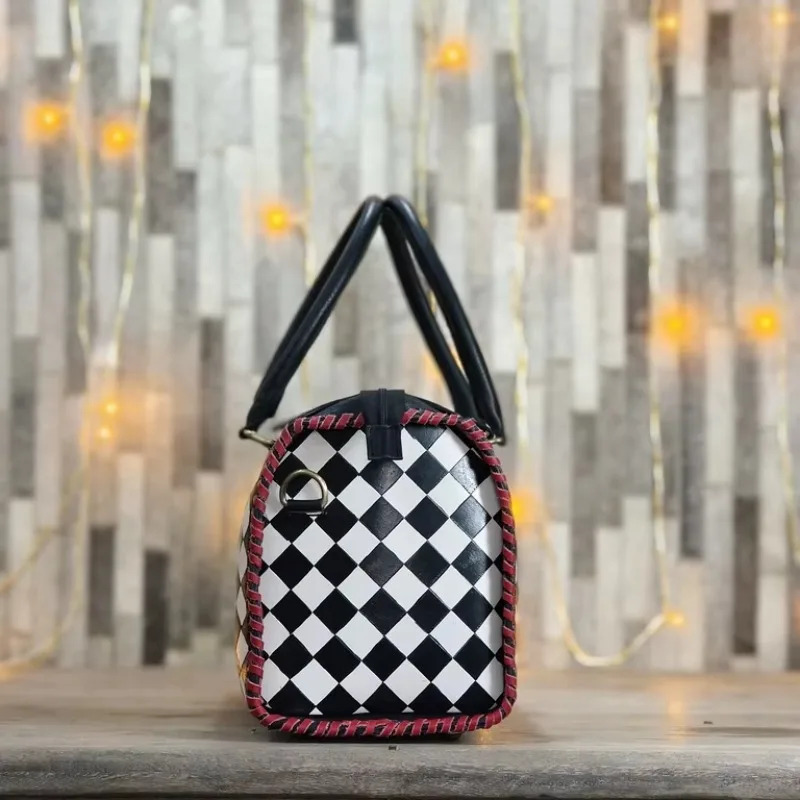 Luxury Designer Leather Sports Tote Black White Checked Cherry Pattern Top Handle Zipper Close Travel Duffel Bag