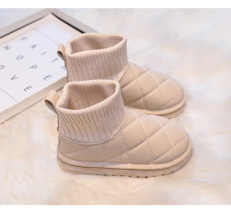 

Autumn Winter Solid Color Fleece Thickened Knitted Cotton Boots Girls Children Snow Boots Boys Plaid Warm Leather Cotton Shoes