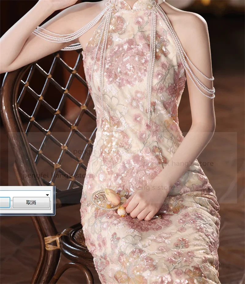

Toast Dress 2025 New Bridal Halterneck Chesongam Luxury Sequin Chinese Style Dress Sequin Vestidos Sexy Qipao Robe De Soiree