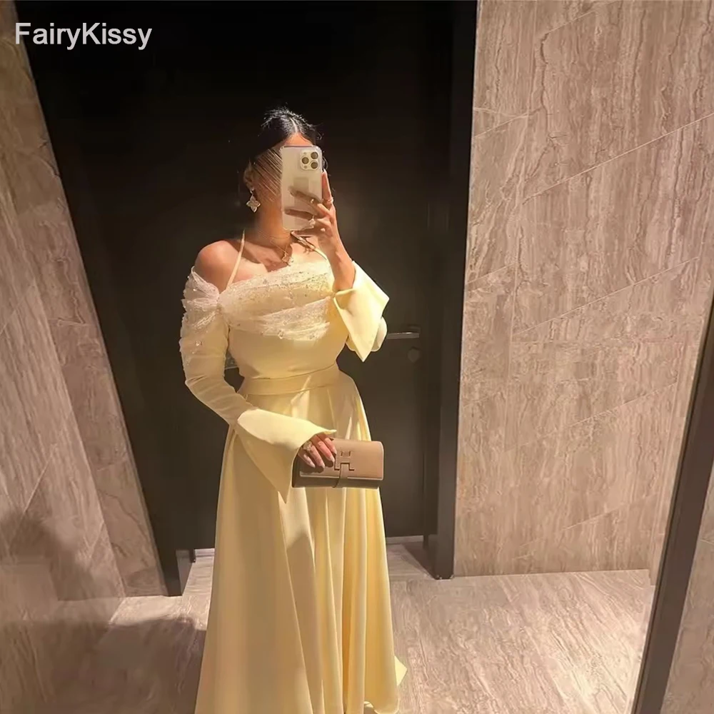 

FairyKissy Halter Yellow Chiffon Draped Evening Dress Full Sleeveless With Sequined Party Gown A-line Floor Length Prom Dress