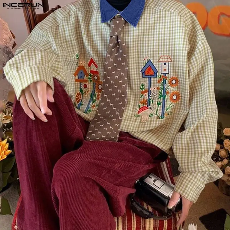 

INCERUN Men Shirt Plaid Printing Patchwork Lapel Long Sleeve Men Clothing Streetwear Loose Fashion Casual Tops Male Shirts S-5XL