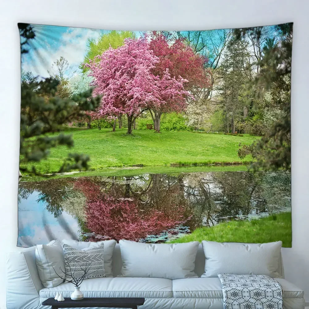 Park Garden Scenery Tapestry Forest Lake Green Plants Flower Path Spring Hippie Wall Hanging Bedroom Home Decor Big Tablecloth