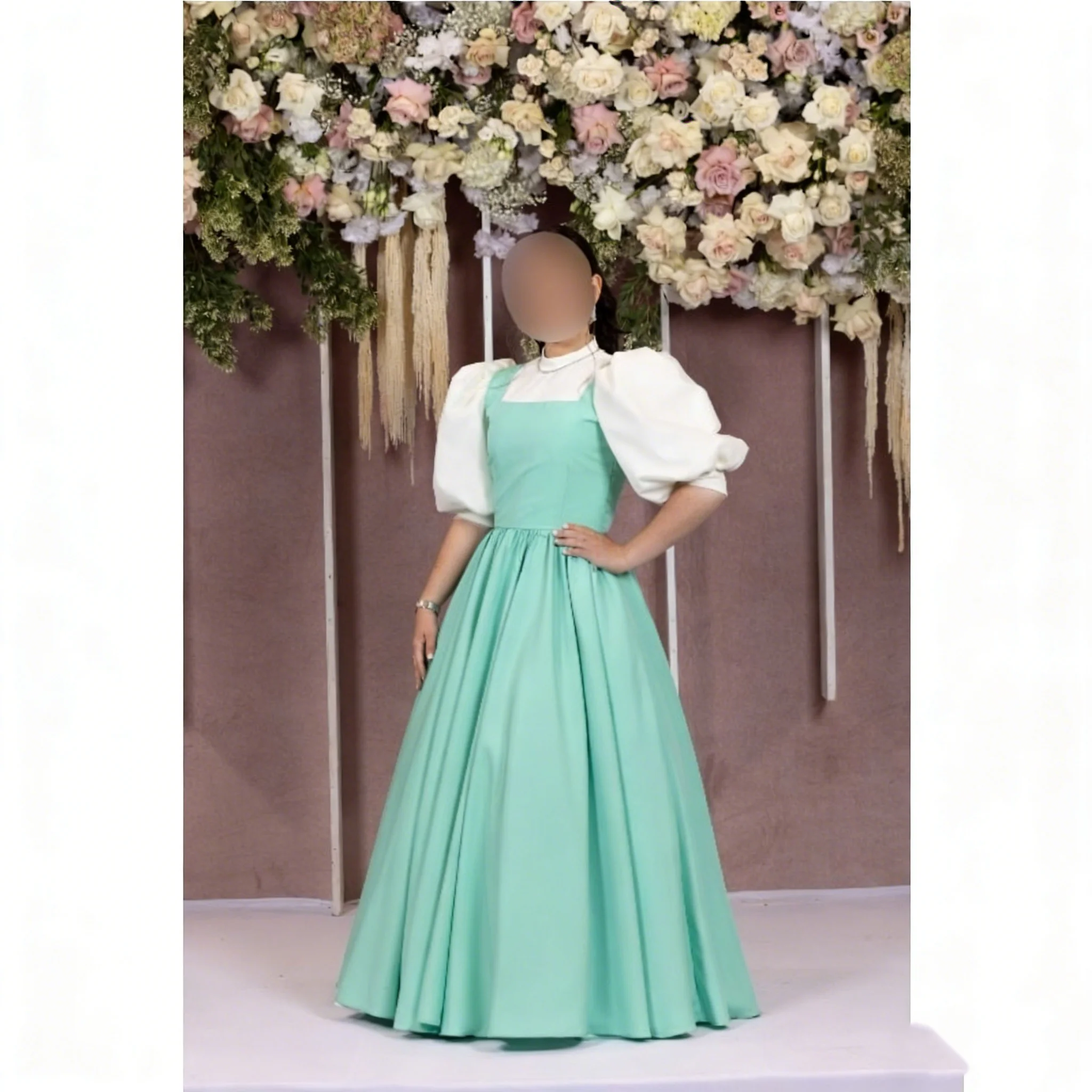 Elegant Bridesmaid Dress for Women Satin Puffy Short Sleeve High Neck Prom Birthday Evening Gown Wedding Dress Customized