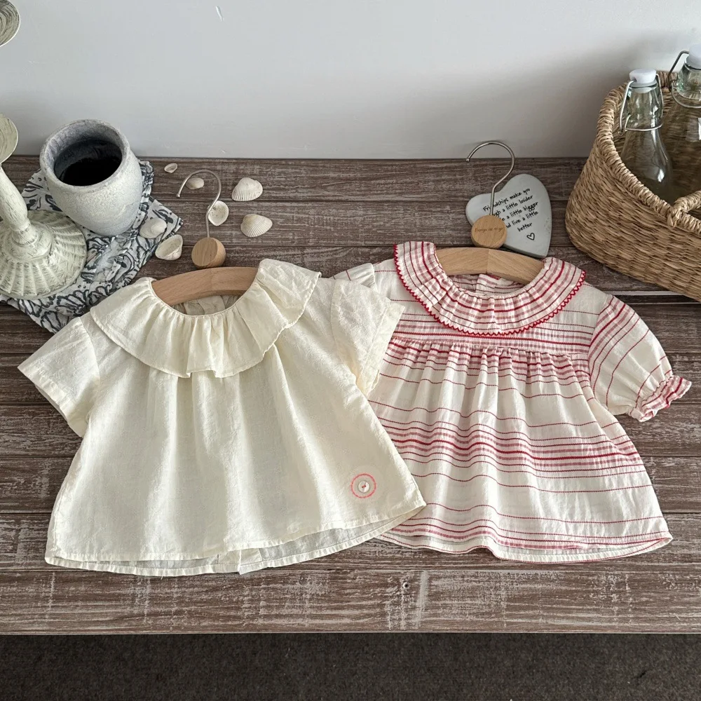 Summer baby teeth lotus leaf collar horizontal short sleeved shirt, simple jacquard outdoor top for female babies