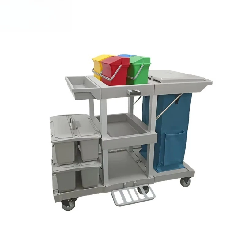 Commercial Multifunction Housekeeping Plastic 4-Wheel Cleaning Cart with Double Bucket 200 lb Capacity Gray