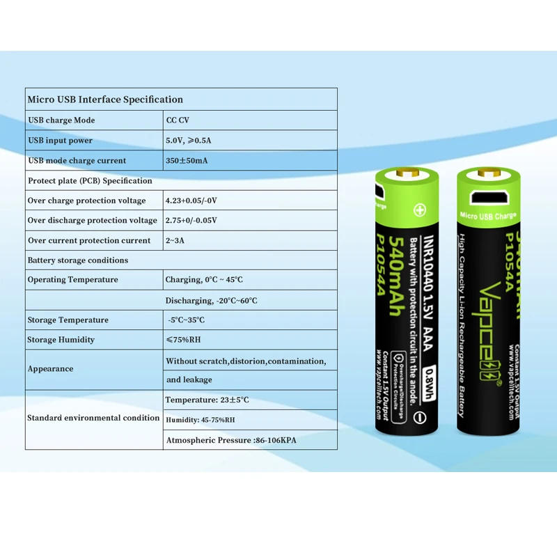 بطارية USB أصلية Vapcell P1054A 10440 540mah 1.5V AAA مع منفذ USB صغير بطاريات قابلة للشحن سطح مسطح