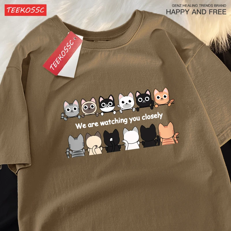 We Are Watching You Closely Cats Herren-T-Shirt, lässige Sommer-T-Shirts, lockere All-Match-T-Shirts für Herren, Streetwear, Baumwolle, Unisex-Kleidung