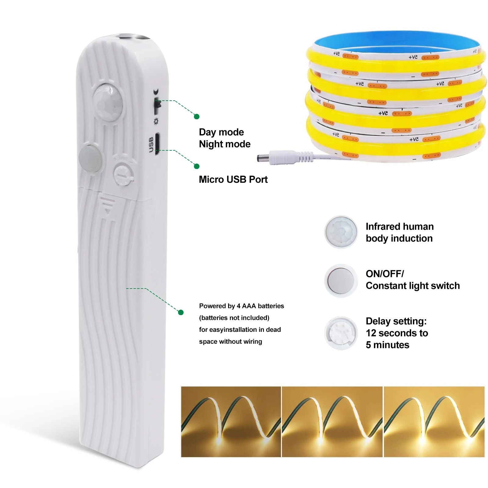 Tira de luces LED COB con Sensor de movimiento, caja de batería regulable de 5V, USB, 320LED/M, cinta Flexible para escalera, armario, cocina