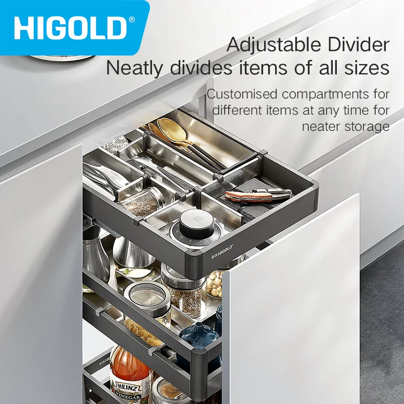 

HIGOLD Small Pull Basket Kitchen Cabinet Tool Puller Single Drawer Space Aluminium Tool Basket Utility Room Damping Divider