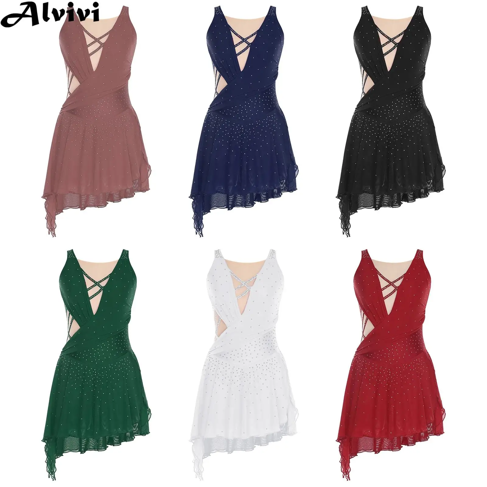 Women Figure Skating Costume Shiny Rhinestone Mesh Side Slit Leotard Dress for Modern Lyrical Dance Ballet Gymnastics Acrobatics