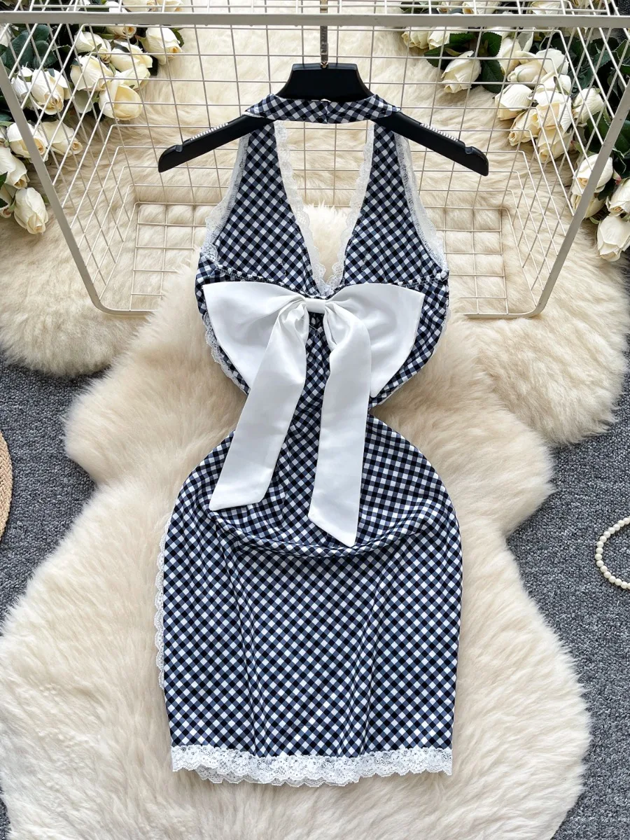 Foamlina moda Pure Desire vestido con cuello en V mujeres 2025 verano encaje Patchwork Halter Correa ceñido al cuerpo Mini vestido a cuadros