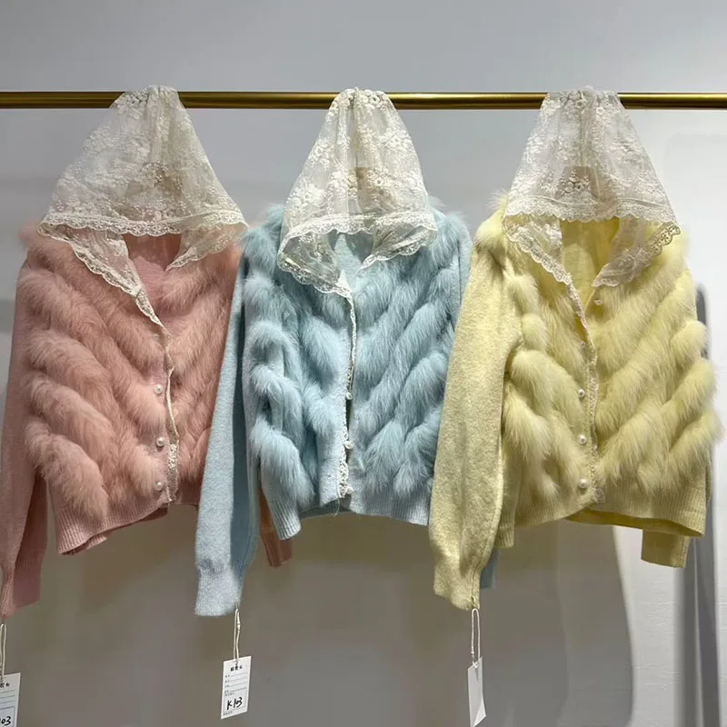 

Women Real Fur Striped Cardigan With Hoode Fashion Autumn Cute Female Fox Fur Cardigans Women Long Sleeve Knitwear Sweater