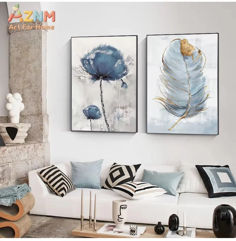 AZNM Blue Flower Golden Feather Canvas Wall Art Frameless Print, Abstract Watercolor Floral Poster, Modern Living Room Home Deco