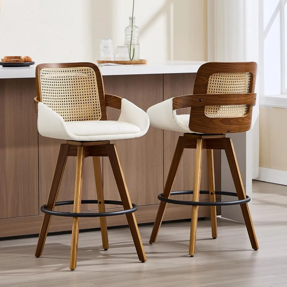 

Swivel Bar Stools Set of 2, Faux Leather Counter Height Bar Stools with Arms and Rattan Back, 26" Seat Height Upholstered Bar