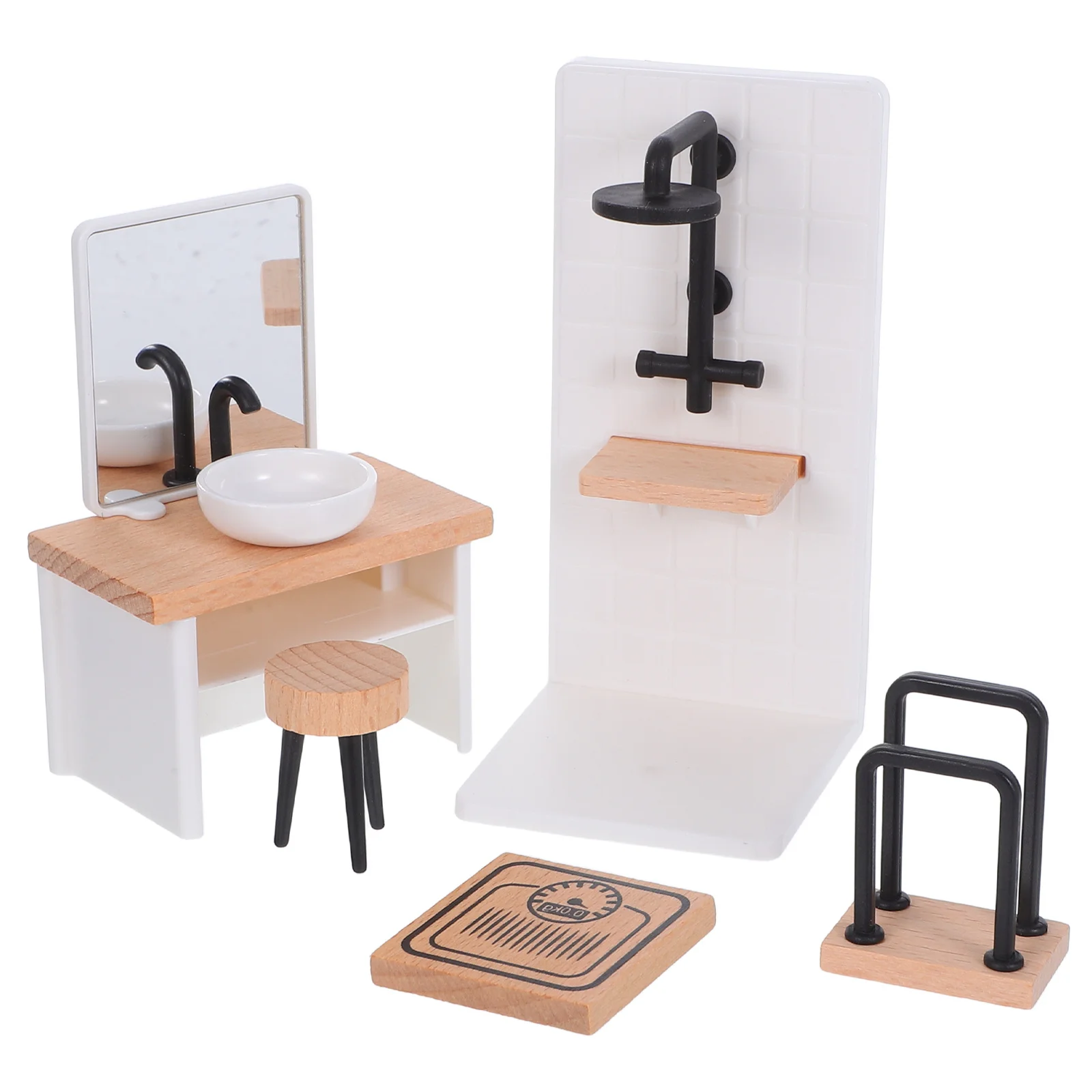 

1Set Realistic Miniature Bathroom Furniture 1:12 Scale Sink Basin Shower Room Dressing Stool Towel Rack for Dollhouse DIY