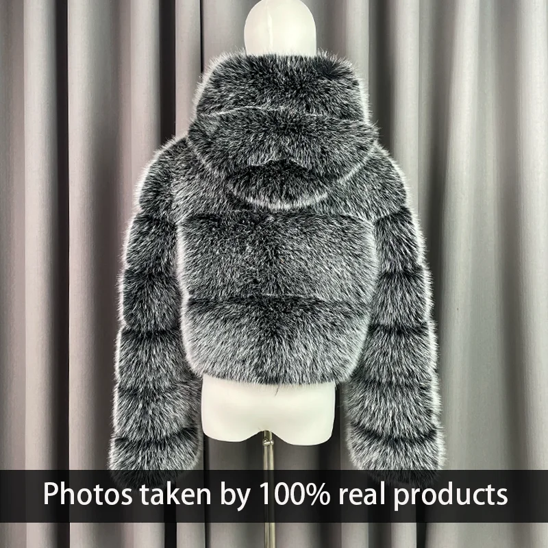 Chaqueta de piel de zorro Artificial para mujer, abrigo corto con capucha, de alta calidad, color negro, cálido para invierno