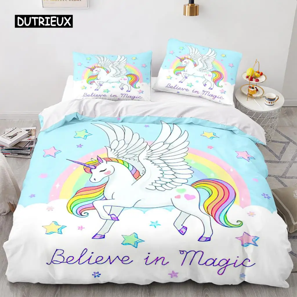 

Cartoon Unicorn Duvet Cover King Queen Lovely White Mythical Animal Bedding Set Kids Girl Colorful Rainbow Polyester Quilt Cover