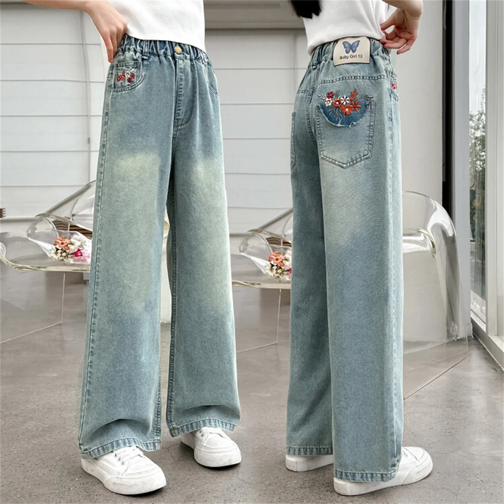 

Plum Blossom Embroidered Jeans Children's Jeans Summer Thin Denim Wide Leg Pants Denim Straight Leg Pants Girls' Jeans