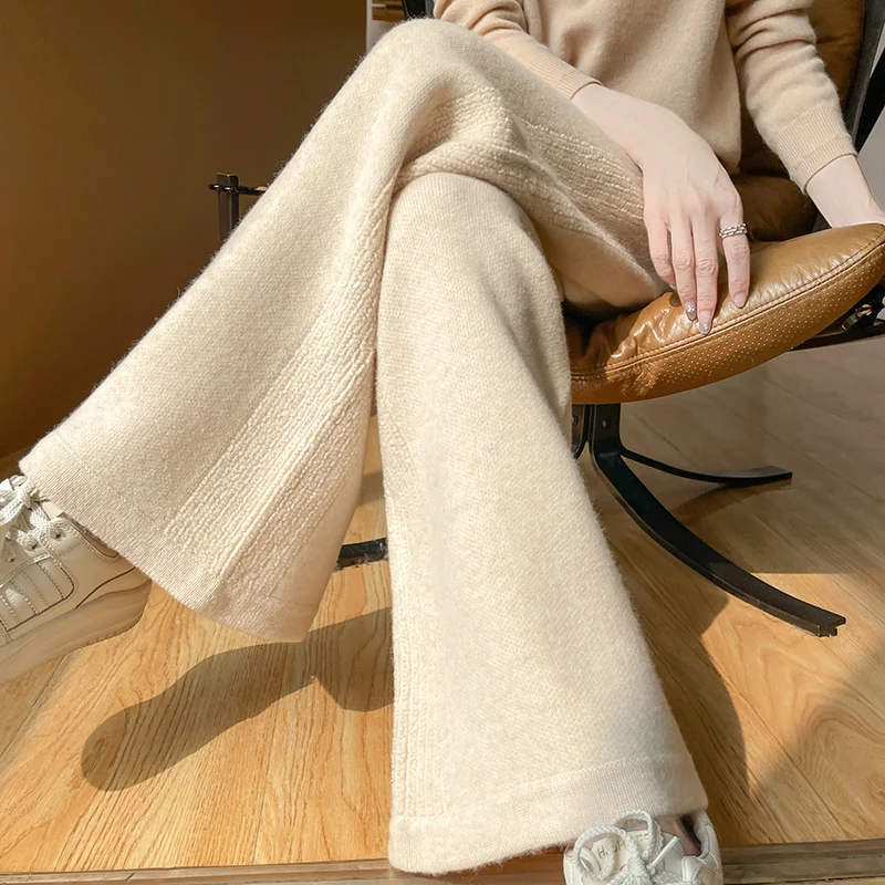 Cashmere Wide Leg Pants Women's Knitted High Waisted Pants 100% Pure Wool Straight Leg Pants Autumn Winter Thick Warm Wool Pants