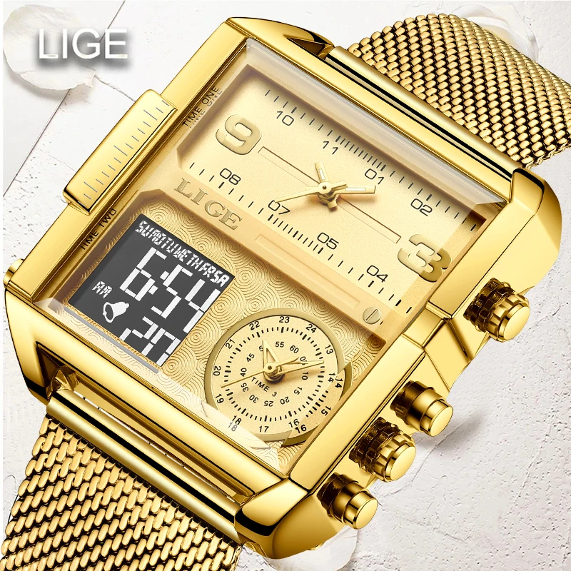 LIGE Fashion Gold Watch Women Casual Sport Digital Quartz Women Watch Top Brand Luxury Waterproof Dual Display Watches For Women